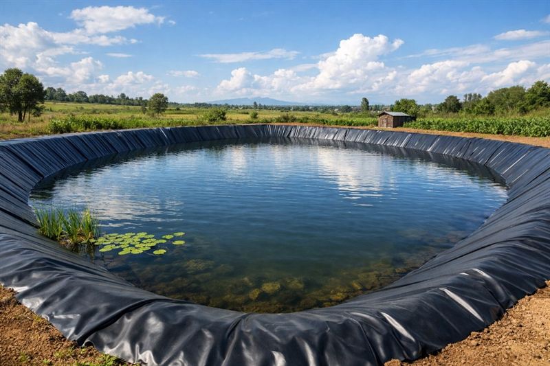Circular farm water reservoir with black HDPE geomembrane cover