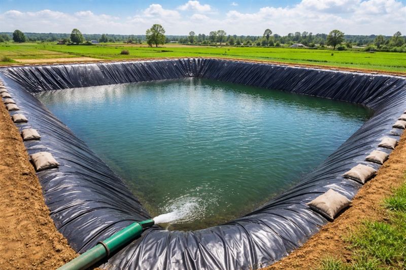 Water filling in farm pond liner with trench anchoring