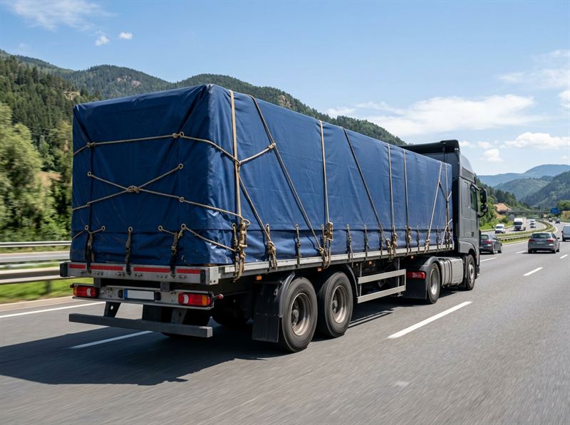Commercial transport truck protected with heavy waterproof tarpaulin cover